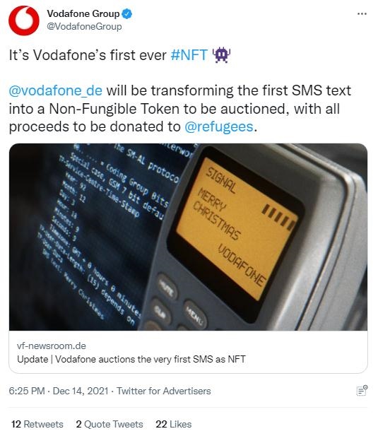 英國(guó)沃達(dá)豐公司也表示，計(jì)劃將拍賣(mài)所得全部捐贈(zèng)給聯(lián)合國(guó)難民署，以支持那些被迫逃離家園的人。(圖片來(lái)源：英國(guó)沃達(dá)豐公司社交媒體截圖)