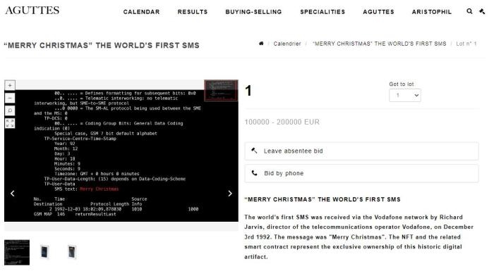 法國(guó)阿古特拍賣(mài)行網(wǎng)站上，世界第一條短信的拍賣(mài)信息。圖片來(lái)源：阿古特拍賣(mài)行網(wǎng)站截圖
