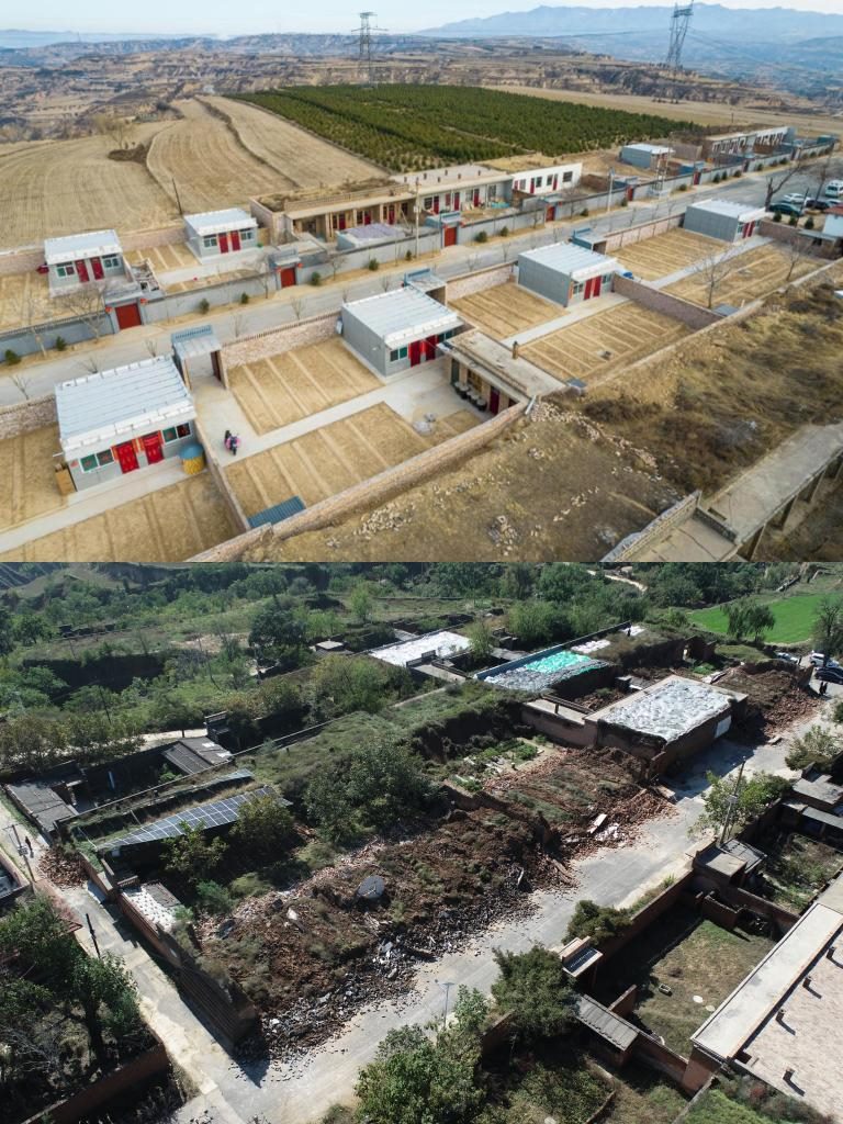拼版照片，上圖是2022年1月山西省霍州市師莊鄉(xiāng)馮南垣村災后恢復重建后的場景，下圖是2021年10月村莊因災受損的場景。(霍州市委宣傳部供圖)