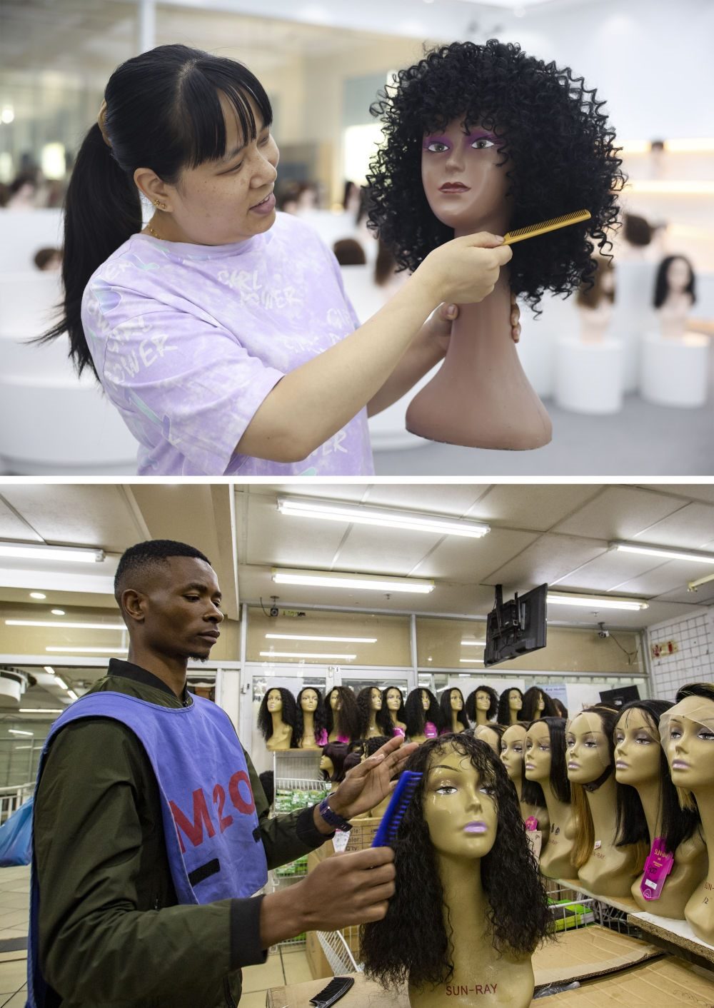 拼版照片：上圖為2023年5月25日，工人在湖南邵陽(yáng)陽(yáng)光發(fā)品有限公司展廳展示假發(fā)（新華社記者薛宇舸攝）；下圖為2023年6月9日，一名店員在湖南邵陽(yáng)陽(yáng)光發(fā)品有限公司位于南非約翰內(nèi)斯堡的店鋪內(nèi)展示假發(fā)（新華社記者張譽(yù)東攝）。新華社發(fā)