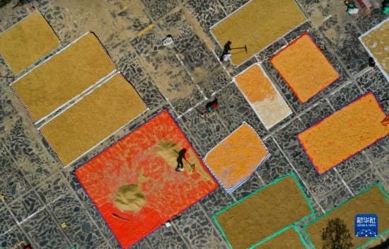 9月16日，貴州省黔東南苗族侗族自治州丹寨縣南皋鄉(xiāng)石橋村村民在晾曬農(nóng)作物（無(wú)人機(jī)照片）。