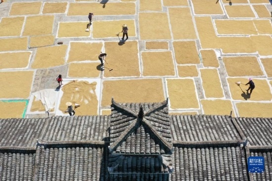 9月16日，村民在貴州省黔東南苗族侗族自治州從江縣剛邊壯族鄉(xiāng)三聯(lián)村晾曬稻谷（無(wú)人機(jī)照片）。