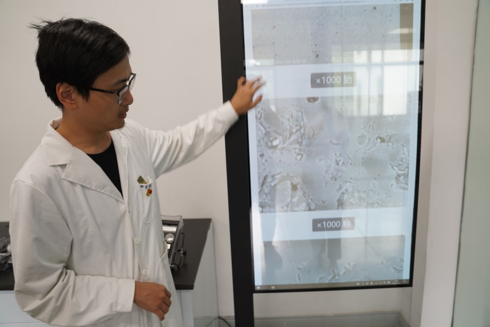 ↑ 工作人員展示瓷片標(biāo)本的配方研究數(shù)據(jù)（2023年5月16日攝）。