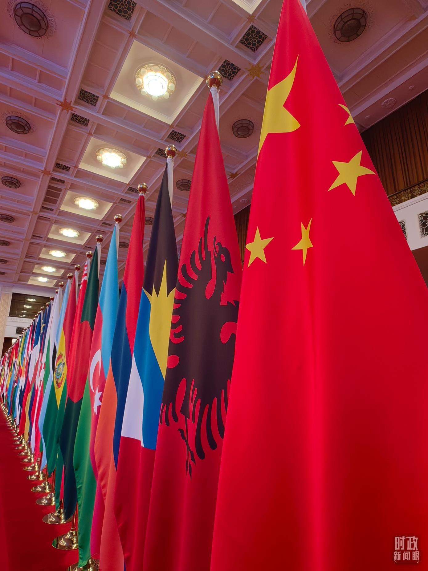 △開幕式會場內(nèi)整齊排列的旗幟。（總臺央視記者楊波拍攝）