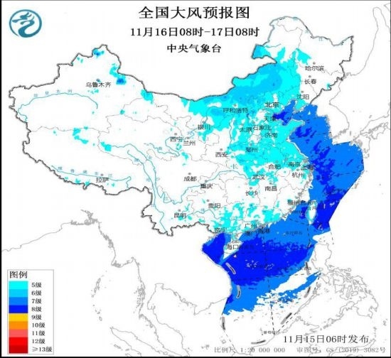  全國大風(fēng)預(yù)報(bào)圖(11月16日08時-17日08時)