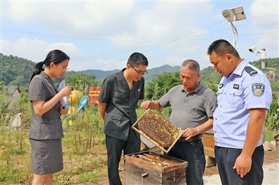  圖②：蒙山法院黃村法庭法官深入蜂蜜合作社，實(shí)地了解蜂農(nóng)需求。