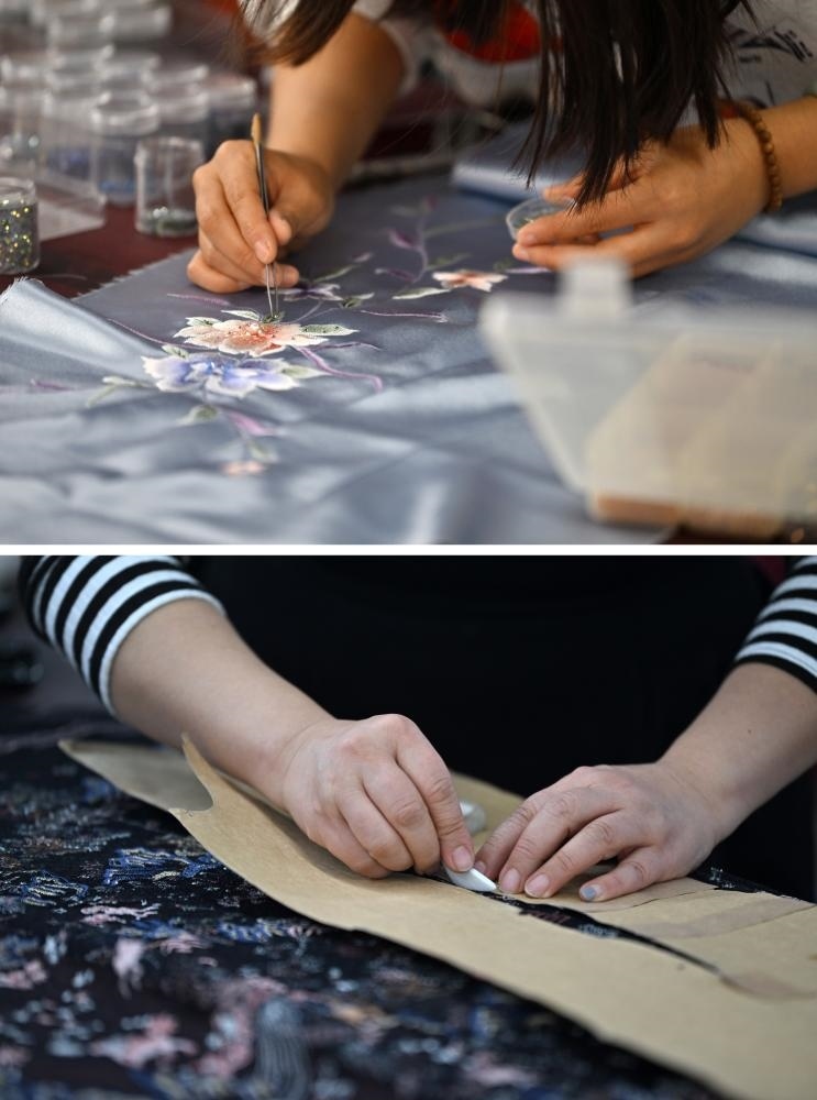 拼版照片：上圖為老美華定制車間的制衣師傅在面料上貼鉆；下圖為老美華定制車間的制衣師傅在面料上劃線（2023年12月8日攝）。天津老美華始創(chuàng)于1911年，歷史上以“千層底”布鞋聞名，是享譽津門的“中華老字號”。新華社記者 李然 攝