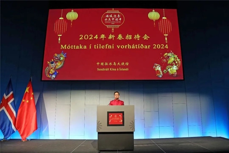 中國(guó)駐冰島大使何儒龍致辭。中國(guó)駐冰島大使館供圖