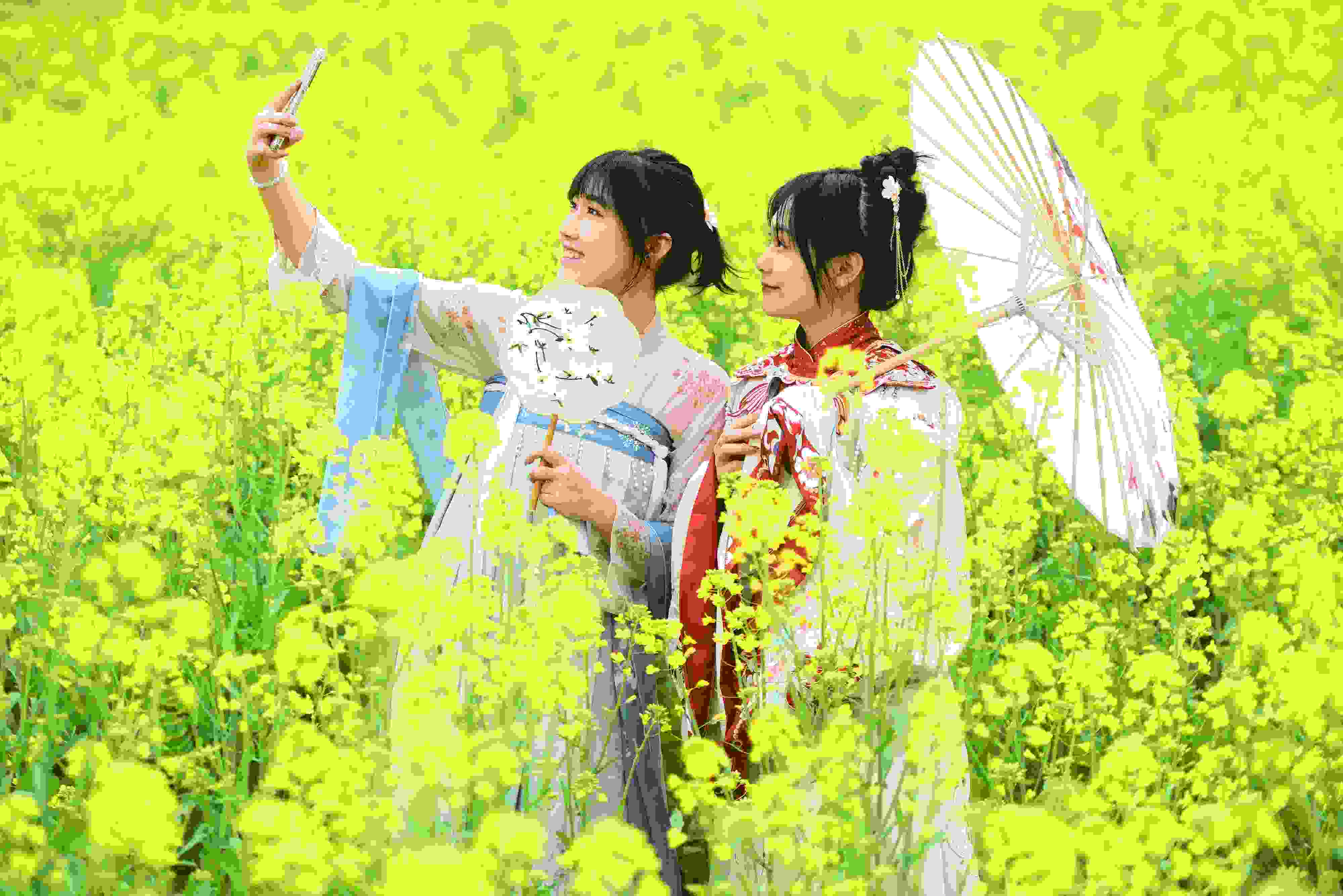 △ 2024年2月16日，廣西賀州，在富川瑤族自治縣麥嶺鎮(zhèn)三民村，游客在油菜花田間賞花拍照。