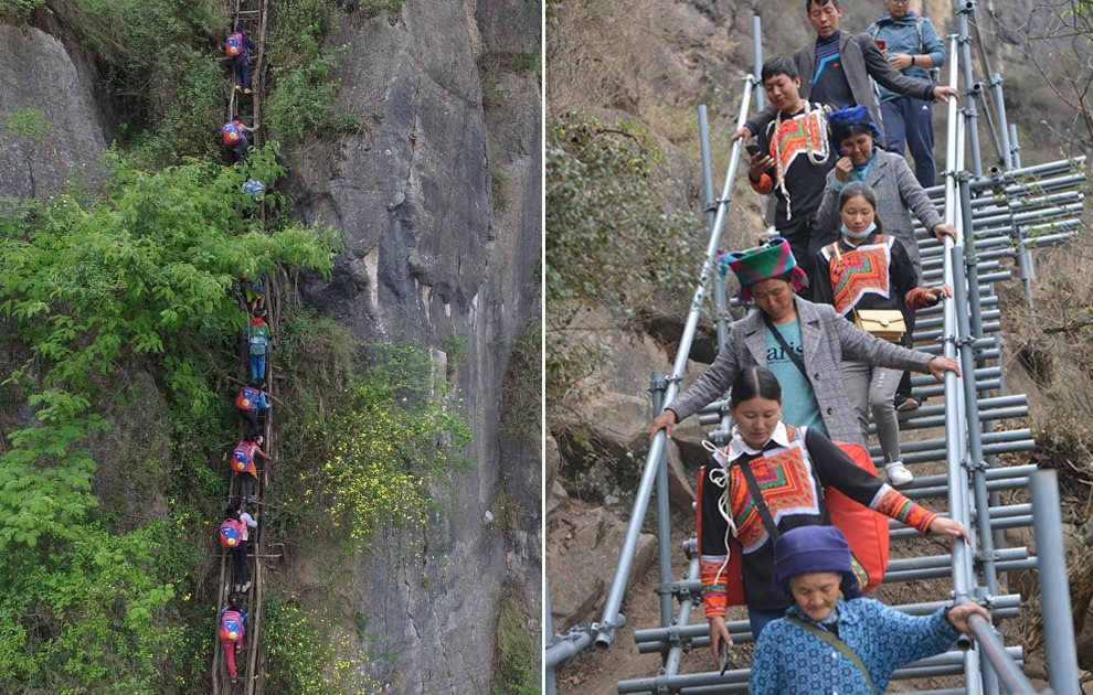 “懸崖村”今昔對(duì)比：左圖為2016年5月14日，“懸崖村”的孩子們攀爬木梯回家。右圖為2020年5月13日，“懸崖村”村民帶著行李通過(guò)鋼梯下山，搬遷至易地扶貧集中安置點(diǎn)的新家。