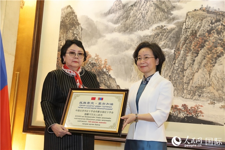 沈大使向?qū)殑跔柆敚ㄗ螅┟貢?shū)長(zhǎng)轉(zhuǎn)交捐款。人民網(wǎng)記者 霍文攝