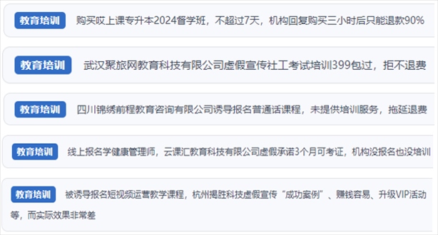 “人民投訴”用戶舉報(bào)機(jī)構(gòu)虛假宣傳包過包拿證、虛假承諾收益效果、課程服務(wù)貨不對(duì)板、退款難等在線教培亂象。（“人民投訴”平臺(tái)截圖）