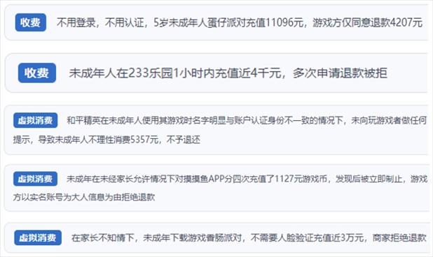 “人民投訴”用戶舉報(bào)身份認(rèn)證成擺設(shè)、大額充值無提醒、提供證據(jù)被駁回、商家設(shè)置退款障礙等未成年人網(wǎng)游消費(fèi)亂象。（“人民投訴”平臺(tái)截圖）