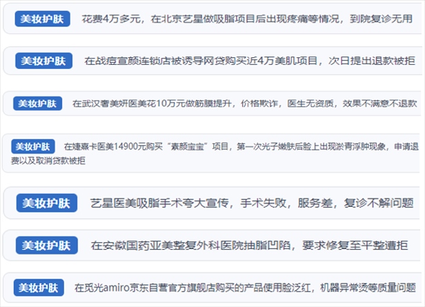 “人民投訴”用戶舉報(bào)醫(yī)美未達(dá)預(yù)期效果或?qū)е律眢w損傷退款遭拒、機(jī)構(gòu)及服務(wù)人員虛假資質(zhì)、被誘導(dǎo)高額醫(yī)美貸、網(wǎng)購美容儀器質(zhì)量不過關(guān)等問題。（“人民投訴”平臺(tái)截圖）