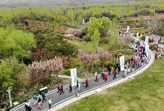 4月27日，登山愛(ài)好者在浮山森林公園參加登山健身活動(dòng)（無(wú)人機(jī)照片）。新華社記者 李紫恒攝