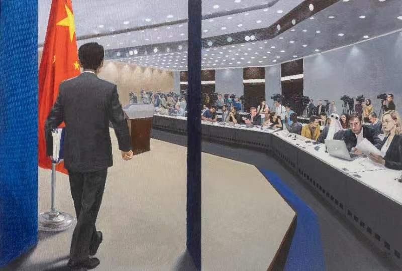 《藍廳——面向世界的舞臺》布面油畫作品