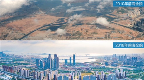 △在前海石公園的前海開發(fā)開放成果展示墻上，一張八年間的前海全貌對(duì)比圖。