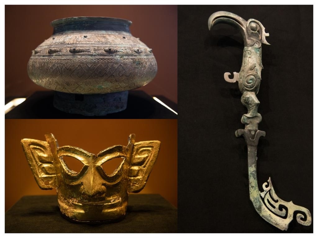 拼版照片：左上圖為青銅瓿，左下圖為黃金面具，右圖為青銅樹(shù)枝。新華社記者唐文豪 攝