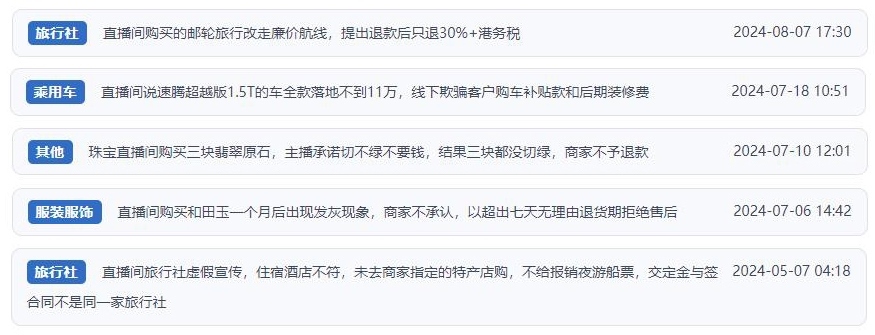 近期網(wǎng)友涉及直播購物相關(guān)投訴問題。（“人民投訴”用戶投訴截圖）