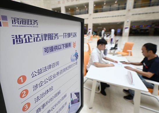 在天津?yàn)I海新區(qū)政務(wù)服務(wù)中心，工作人員在“涉企法律服務(wù)一件事”專區(qū)為市民提供服務(wù)（2024年7月31日攝）。新華社記者 趙子碩 攝