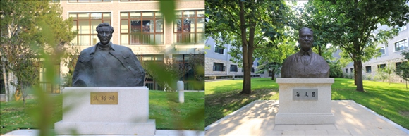 拼版照片：左圖為中央黨校（國家行政學(xué)院）校園內(nèi)的焦裕祿雕塑；右圖為中央黨校（國家行政學(xué)院）校園內(nèi)的谷文昌雕塑。