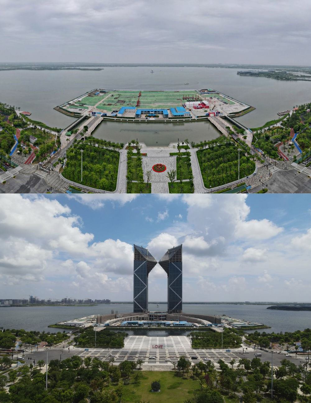 拼版照片：空中俯瞰中國（上海）自由貿(mào)易試驗區(qū)臨港新片區(qū)滴水湖西島中銀金融中心項目現(xiàn)場（上圖為2021年6月20日攝，無人機照片；下圖為2024年8月14日攝，無人機照片）。2019年8月20日，臨港新片區(qū)揭牌成立，一個開放新高地在長江與東海交匯處日益崛起。