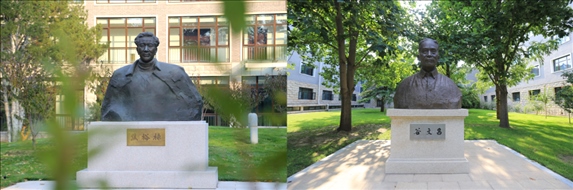 △左圖為中央黨校（國(guó)家行政學(xué)院）校園內(nèi)的焦裕祿雕塑，右圖為校園內(nèi)的谷文昌雕塑。