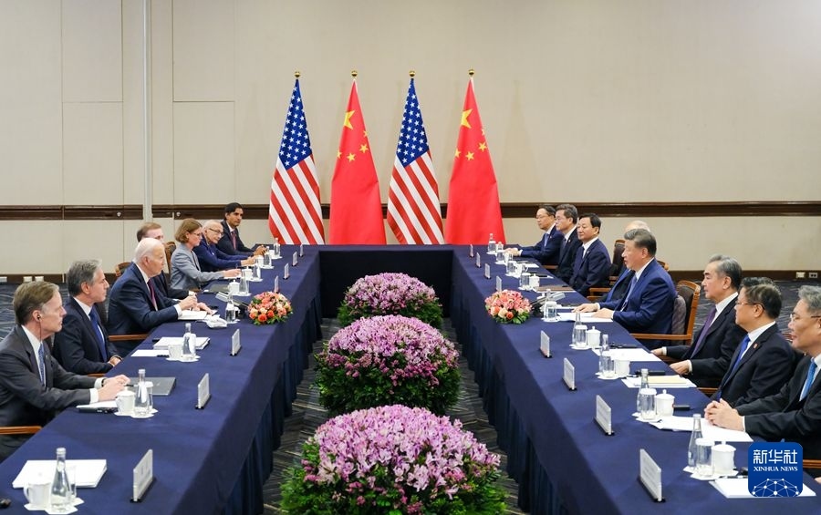 當(dāng)?shù)貢r(shí)間11月16日下午，國家主席習(xí)近平在利馬同美國總統(tǒng)拜登舉行會晤。新華社記者 丁林 攝