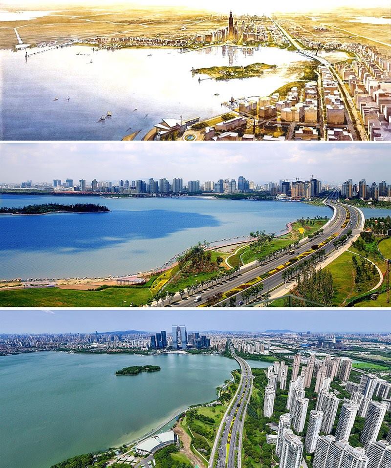 拼版照片：上圖為1994年繪制的蘇州工業(yè)園區(qū)手繪規(guī)劃圖；中圖為2007年拍攝的蘇州工業(yè)園區(qū)；下圖為2023年7月4日用無人機拍攝的蘇州工業(yè)園區(qū)。
