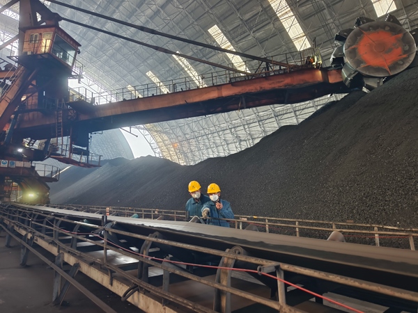 趙善國(guó)（右）和同事對(duì)電廠煤場(chǎng)進(jìn)行巡檢。受訪者供圖