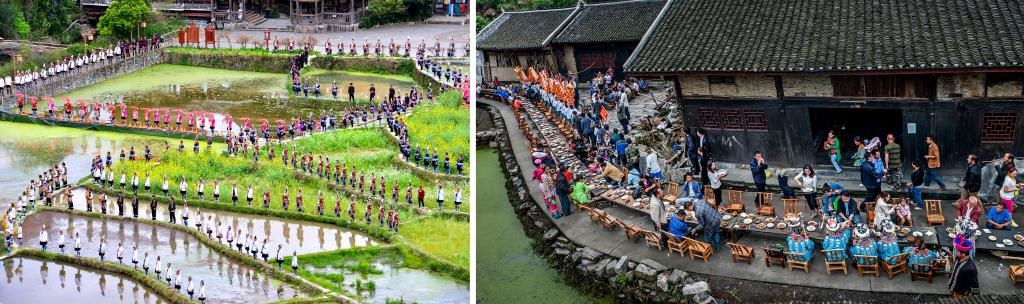 左圖：近期，人們在黎平縣肇興侗寨的田園里演唱侗族大歌（黎平縣委宣傳部供圖）；右圖：這是2023年拍攝的十八洞村長桌宴（湘西州委宣傳部供圖）。