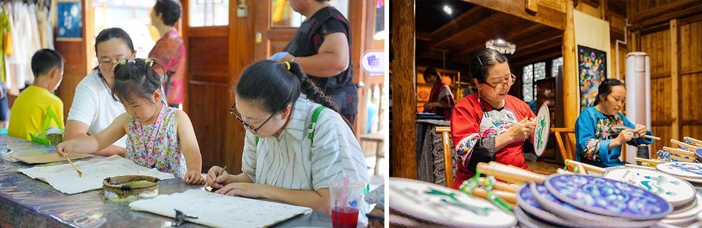 左圖：近期，游客在黎平縣肇興侗寨體驗非遺蠟染藝術（黎平縣委宣傳部供圖）；右圖：這是2024年拍攝的繡娘在十八洞村梨子寨苗繡鄉(xiāng)村振興示范基地制作苗繡產品（湘西州委宣傳部供圖）。