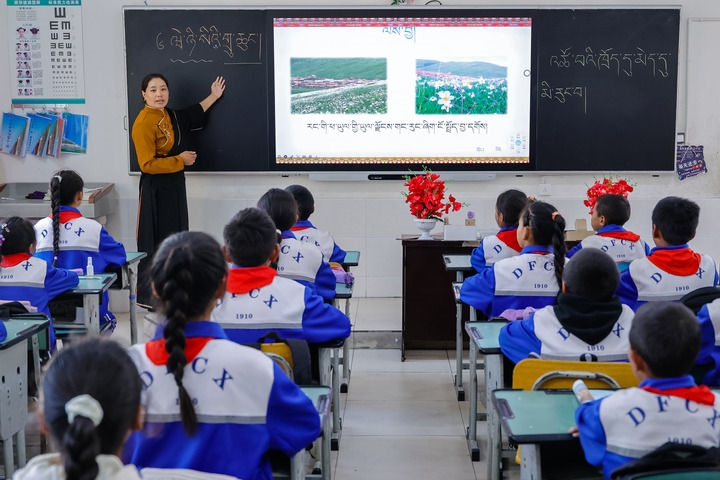 2024年9月27日，在四川省甘孜藏族自治州道孚縣城關第一完全小學，采取“藏加模式”教學的五年級一班的藏語文課上，準木周老師指導藏族學生以家鄉(xiāng)草原風物為主題寫作藏語文作文。新華社記者 沈伯韓 攝