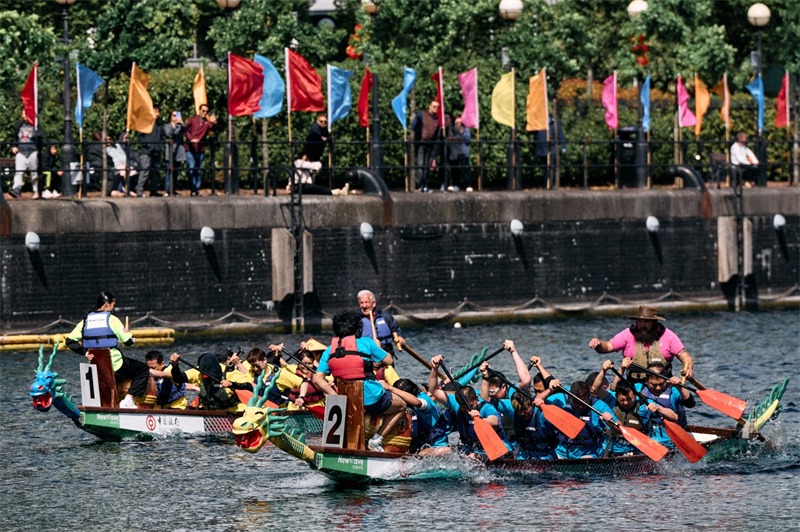 中英雙方的參賽隊(duì)伍參與龍舟競(jìng)渡。楊浩鵬攝