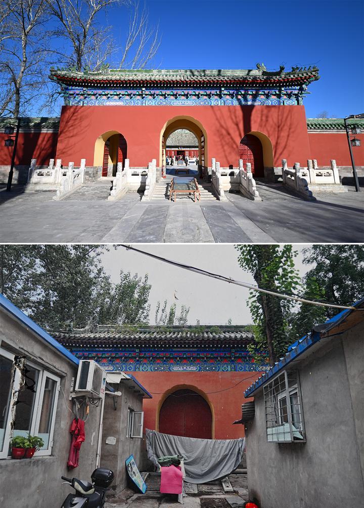 位于先農壇內的慶成宮，曾長時間被雜亂的民居占據。在北京中軸線申遺保護工作的帶動下，北京完成了慶成宮區(qū)域文物征收騰退、非文物建筑拆除、彩畫保護、本體修繕、展覽布陳等，讓560多年歷史的古建群重新回歸。2024年12月，北京中軸線上先農壇內的慶成宮首次面向社會公眾開放。上圖為騰退修繕后的慶成宮內宮門（資料照片）；下圖為翻拍的慶成宮內宮門騰退修繕前的資料照片（2024年12月21日攝）。